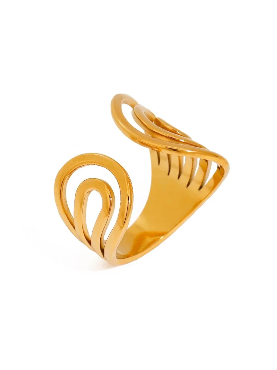 Bague large, acier doré, spirale design, réglable, tendance, style moderne et chic, modèle Nina